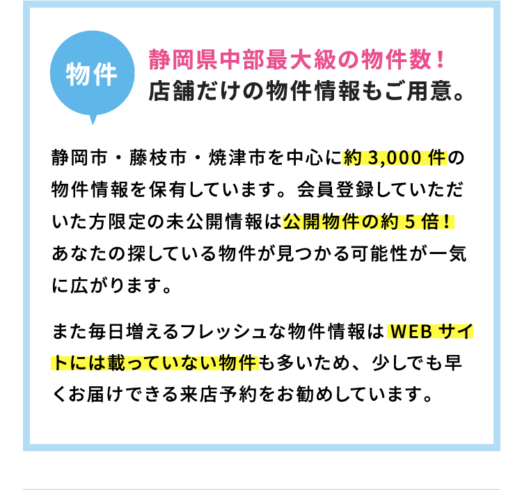 静岡県中部最大級の物件数！店舗だけの物件情報もご用意。